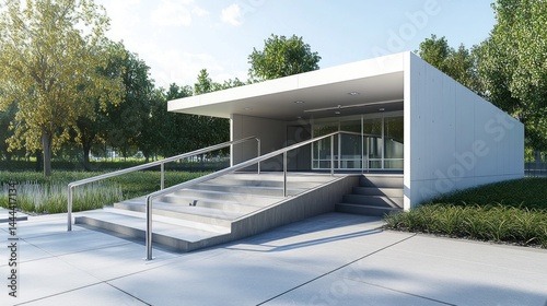 Modern, accessible building with ramp and stairs