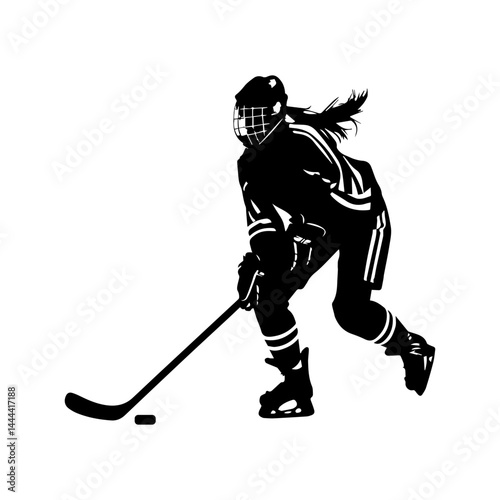 Silhouette of female ice hockey player extending stick towards puck during motion