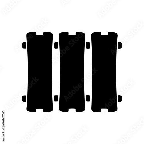 Three black abstract shapes resembling radiators or heat exchangers on white background