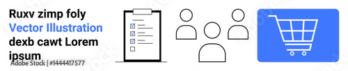 Checklist on clipboard, group icons, shopping cart graphic. Ideal for workflow planning, teamwork, e-commerce, project management, collaboration, task delegation simple landing page