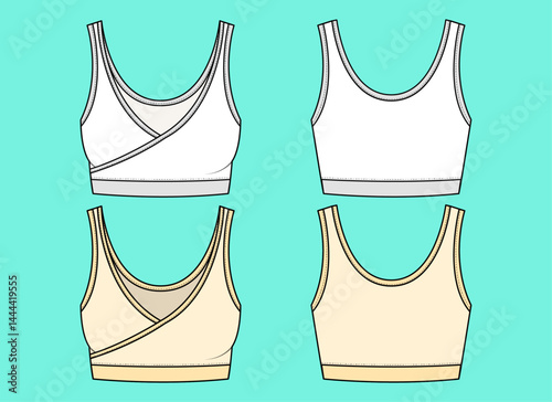 Ladies Sports bra fashion bundle set flat sketch outline CAD mockup front and back views.