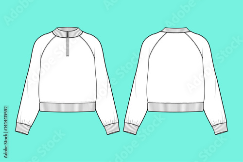 Black and White raglan sleeve Half Zipped Sweatshirt fashion flat sketch outline CAD mockup front and back views.