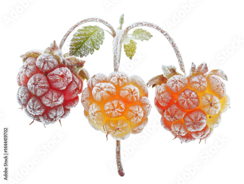  Frozen yellow and red berries with icy frost and leaves.