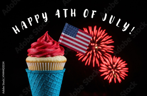 Ready to Use July 4th Concept Art. Red White and Blue Cupcake with American Flag, 