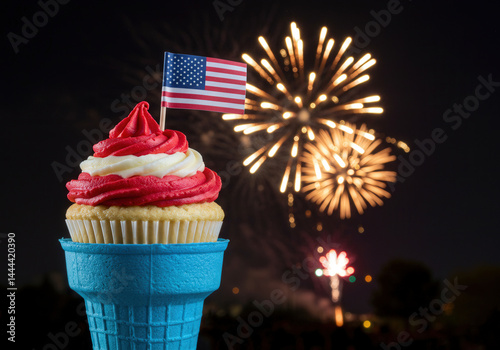 July 4th Dessert Concept Art in  Blue  Wafer Cone. Red and White Cupcake with Small American flag and fireworks background. Ready to use, Copy Space, Horizontal Format