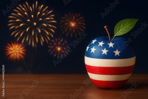 Decorative July 4th Apple Concept Art with Copy Space. Ready-to-use holiday layout with red, white and blue painted apple and fireworks background with Text Area. Horizontal layout.