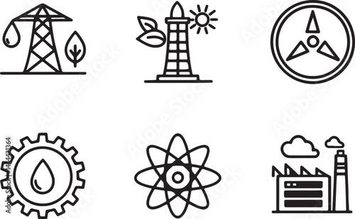 Set of 6 outline icons related to energy, electric tower, gear, fan, mill and power. Linear icon collection. Editable stroke line art. Vector illustration.