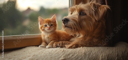 Adorable Kitten and Dog by the Window, a heartwarming scene of friendship between a ginger kitten and a fluffy brown dog gazing out a window.