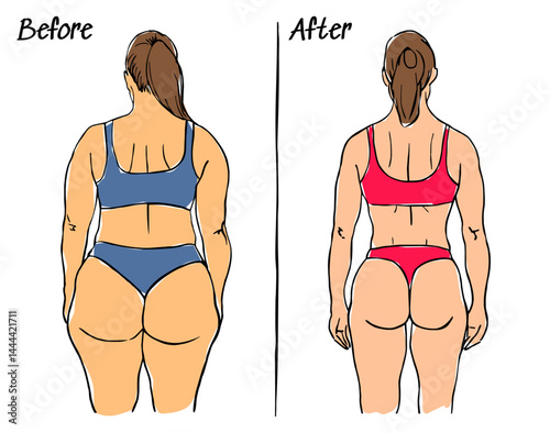 women  body transformation weight loss before and after comparison back view colored line drawing vector illustration
