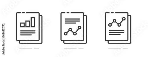 Analyze graphs sales data research report icon line stroke vector graphic set, thin linear outline statistics paper document pictogram simple sign symbol, audit research revenue business profit timeli