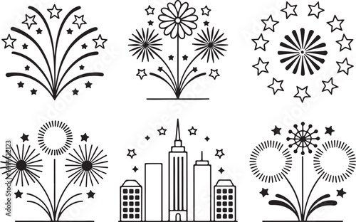 Set of 6 outline icons related to fireworks and doodle decoration like flower elements. Linear icon collection. Editable stroke line art. Vector illustration.