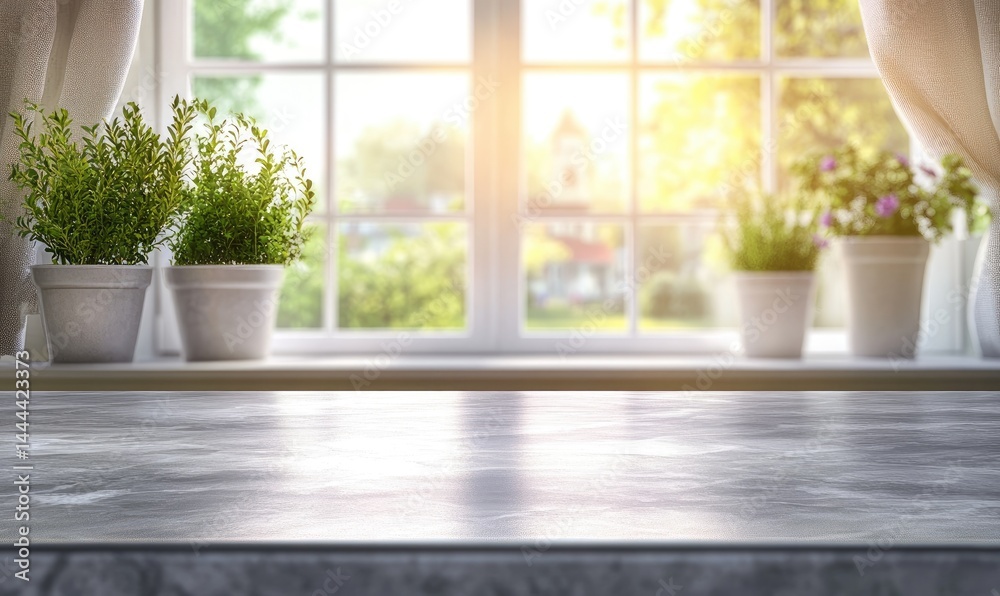 Empty windowsill with plants, overlooking a sunny garden scene A light gray stone countertop sits in front of the window Empty windowsill with plants, overlooking a sunny garden scene A light gray stone countertop sits in front of the window