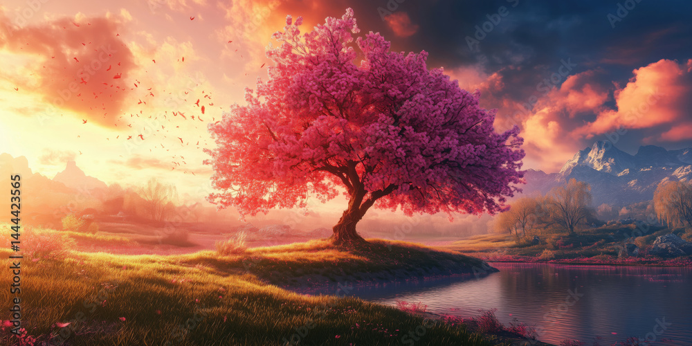 Obraz premium Stunning cherry blossom tree by serene lake at sunset with vibrant colors.