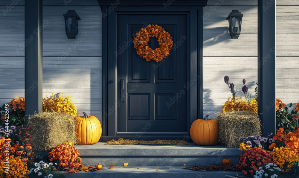 Obraz premium Charming autumn porch decorated with pumpkins and vibrant fall foliage.