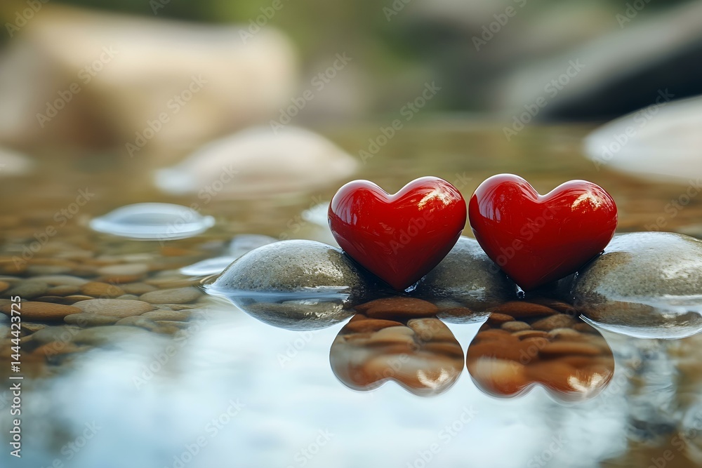 Fototapeta premium Two Glossy Red Hearts Resting on Smooth Pebbles Beneath a Soft Light for a Romantic Symbolism