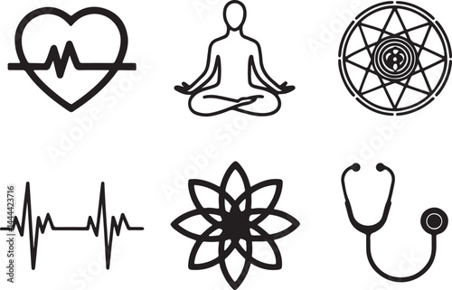 Set of 6 outline icons related to heartbeat, meditation, yoga, stethoscope and more elements. Linear icon collection. Editable stroke line art. Vector illustration.