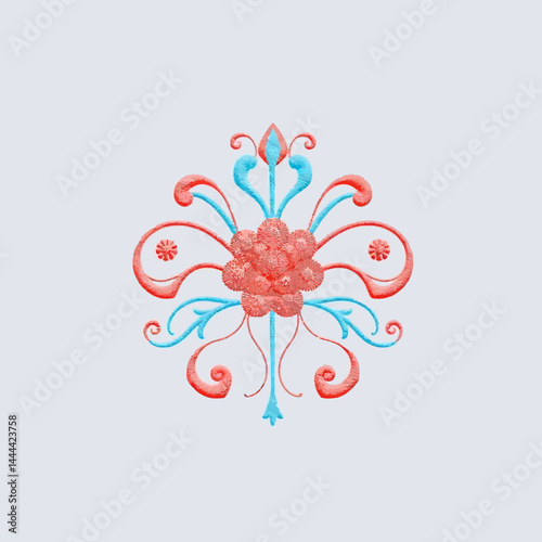 Floral embroidery design pattern coral and cyan threadwork symmetrical textile art decoration element 