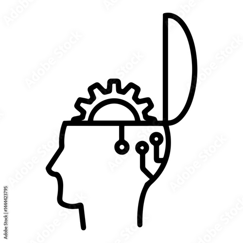 Exposed gear in open mind (outline style). Revealed thought process, visible mechanism, accessible idea, unveiled thinking, open to ideas, exploring inner workings, cognitive mechanism