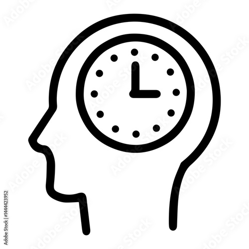 Clock in mind (outline style). Temporal thought, schedule concept, deadline awareness, punctuality focus, chronological thinking, time management, mindful of hours, clock-watching brain