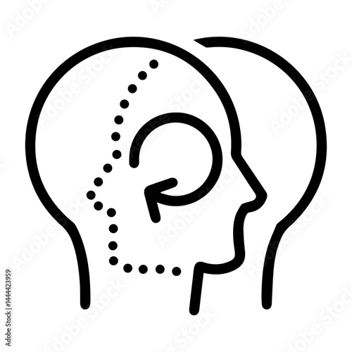 Turning thought in mind (outline style). Reflective idea, reconsidering concept, changing perspective, turning around a thought, reversing direction, reevaluating mindset, looking back, rethinking
