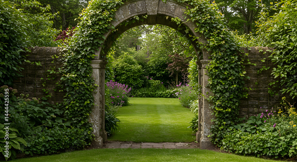 Obraz premium Enchanting Ivy Archway Leading To A Verdant Garden Landscape