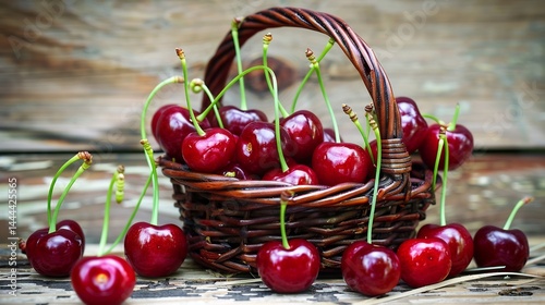 A vibrant summer scene featuring a basket filled with ripe cherries with green stems set against a rustic wooden table in soft natural lighting cut out on isolated transparent removed background