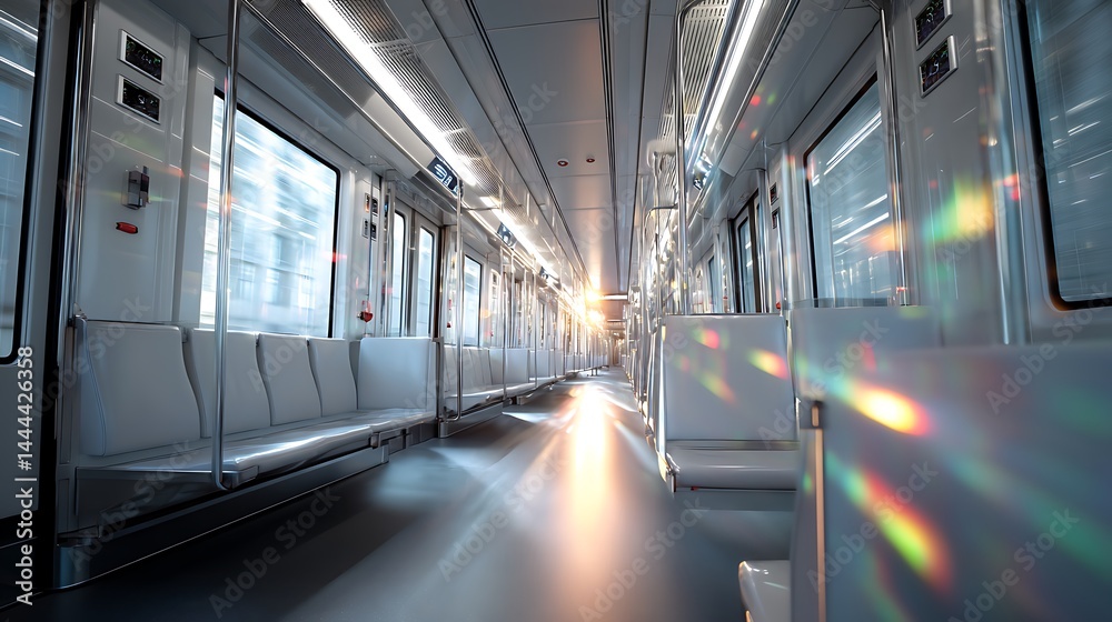 Obraz premium Modern train car interior, sunlight streams through windows