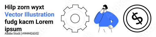 Man in blue shirt pondering, gear symbol for process or mechanics, money icon for financial themes. Ideal for business, strategy, decision-making, process optimization, financial planning. Abstract