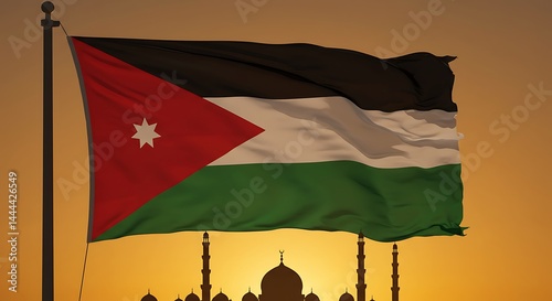 Flag Waving with Building Silhouette at Sunset