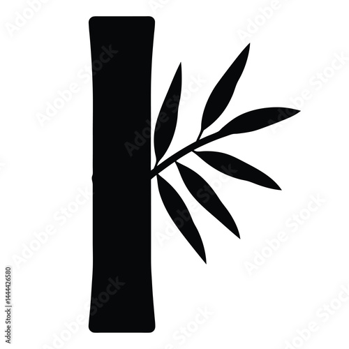 Simple black silhouette of bamboo stalk with leaves on white background