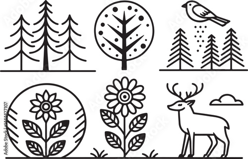 Set of 6 outline icons related to natural, forest, outdoor, climate, environment and more. Linear icon collection. Editable stroke line art. Vector illustration.