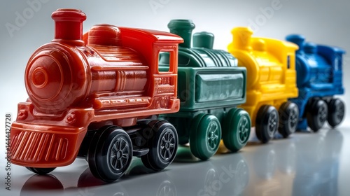 Plastic steam train toy in multiple colors, isolated on white background, made for childrens play themes. 