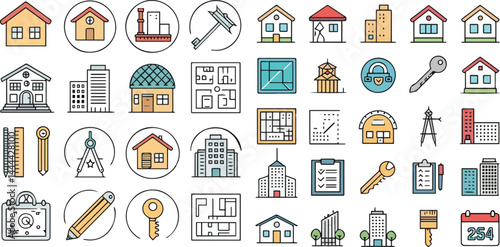 Architectural Icons: A collection of architectural icons, showcasing the essence of construction, real estate, and design. The various building represent the construction process.