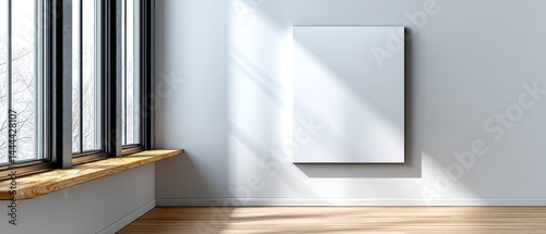 Wallpaper Mural Minimalist interior with large windows, sunlight, wooden bench, and a blank canvas on a white wall. Torontodigital.ca