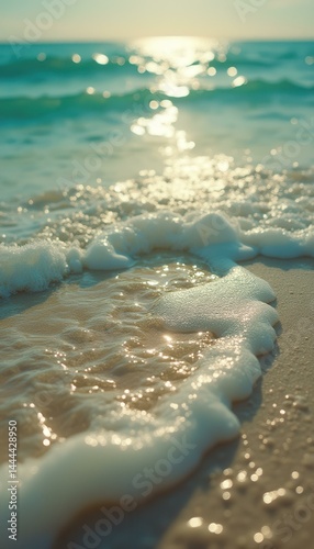 Sea Foam Gently Embraces the Golden Sand on a Sunny Beach