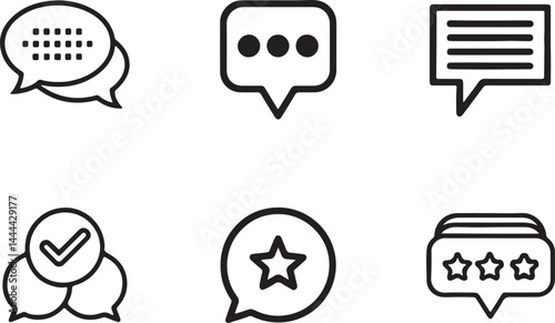 Set of 6 outline icons related to speech, bubble, message, text, popup and more. Linear icon collection. Editable stroke line art. Vector illustration.