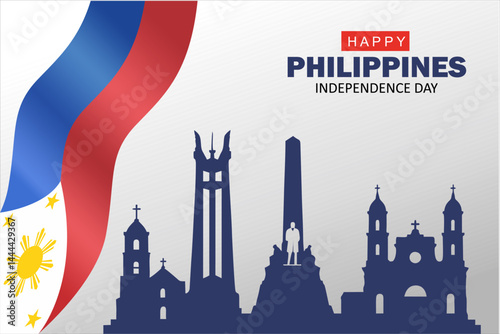 Philippines Independence Day Background Design. Banner, Poster, Greeting Card. skyline silhouette including Rizal Monument, Quezon Memorial Shrine, and historic churches. Vector Illustration.