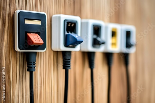 Multiple Power Outlets with Plugged-in Cables on a Desk for Efficient Connectivity