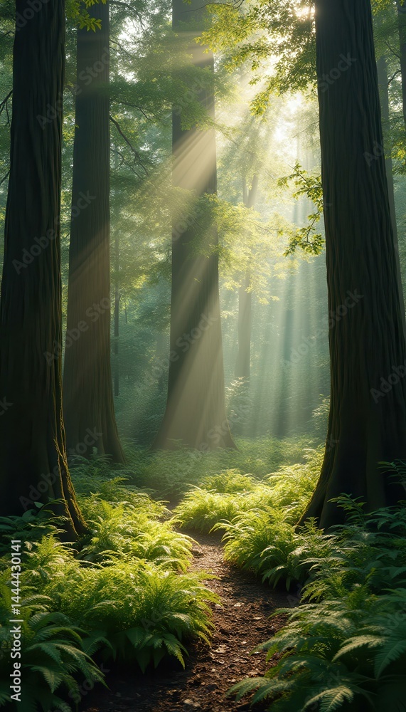 Sunbeams illuminate a lush forest pathway, creating a serene and magical natural environment.