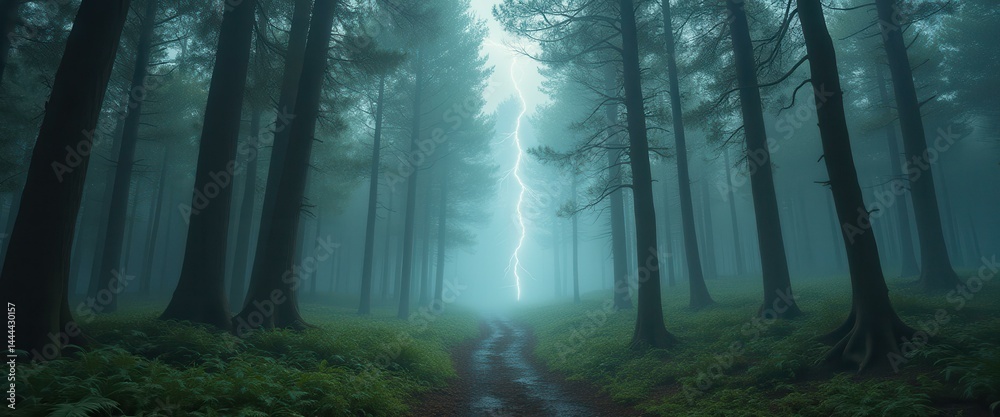 Ethereal Forest Path Lit by Lightning Strike - Atmospheric Scene of Tall Trees and Woodland Trail