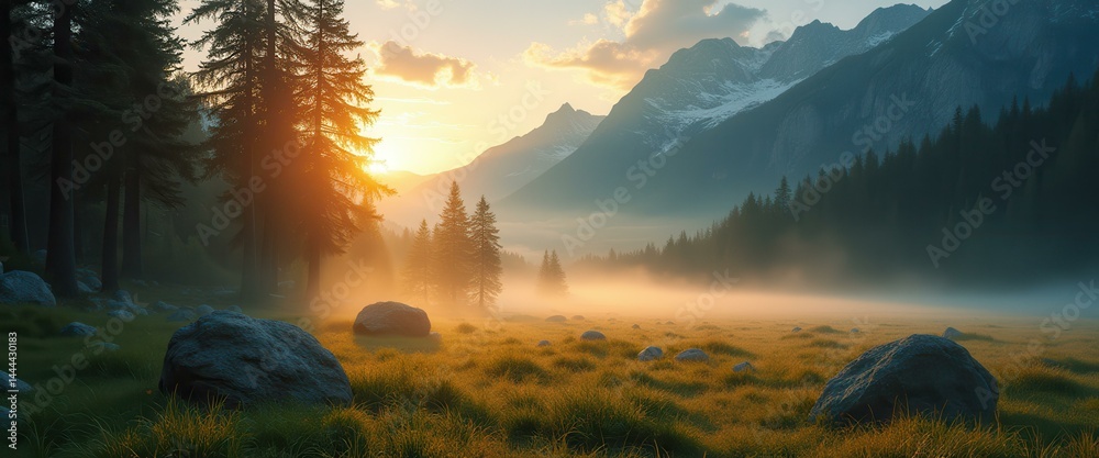 Tranquil sunrise illuminates alpine meadow beneath snow-capped mountains