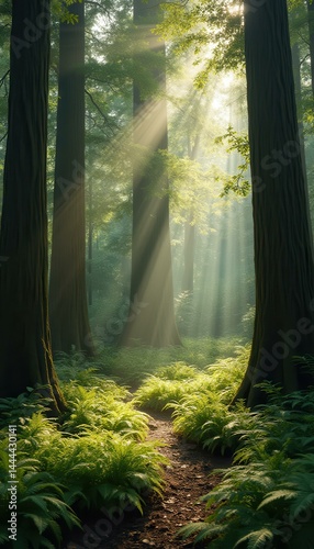 Obraz na płótnie Sunbeams illuminate a lush forest pathway, creating a serene and magical natural environment. w salonie