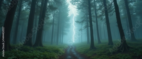 Obraz na płótnie Ethereal Forest Path Lit by Lightning Strike - Atmospheric Scene of Tall Trees and Woodland Trail w salonie