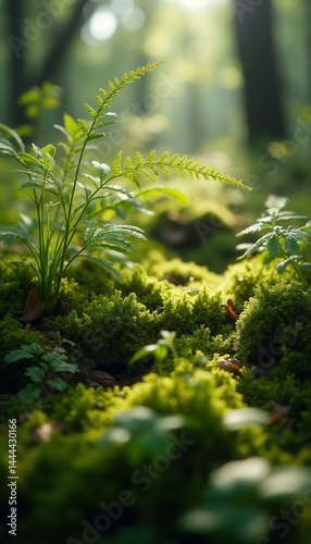 Sunlight Shines on Vibrant Green Ferns and Lush Moss in a Serene Forest Scene
