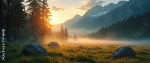 Tranquil sunrise illuminates alpine meadow beneath snow-capped mountains