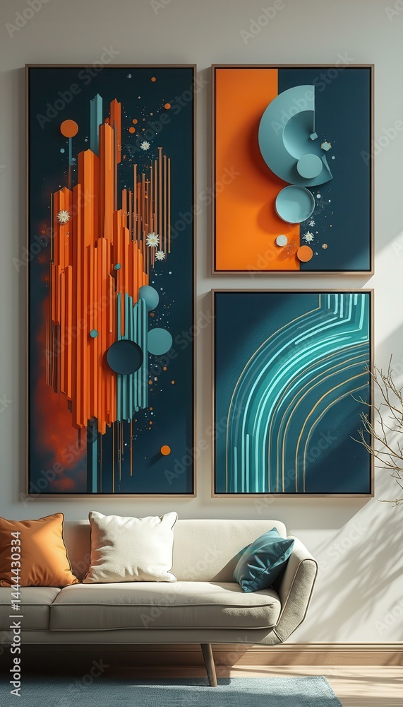 Modern living room interior featuring abstract geometric art and neutral contemporary furniture