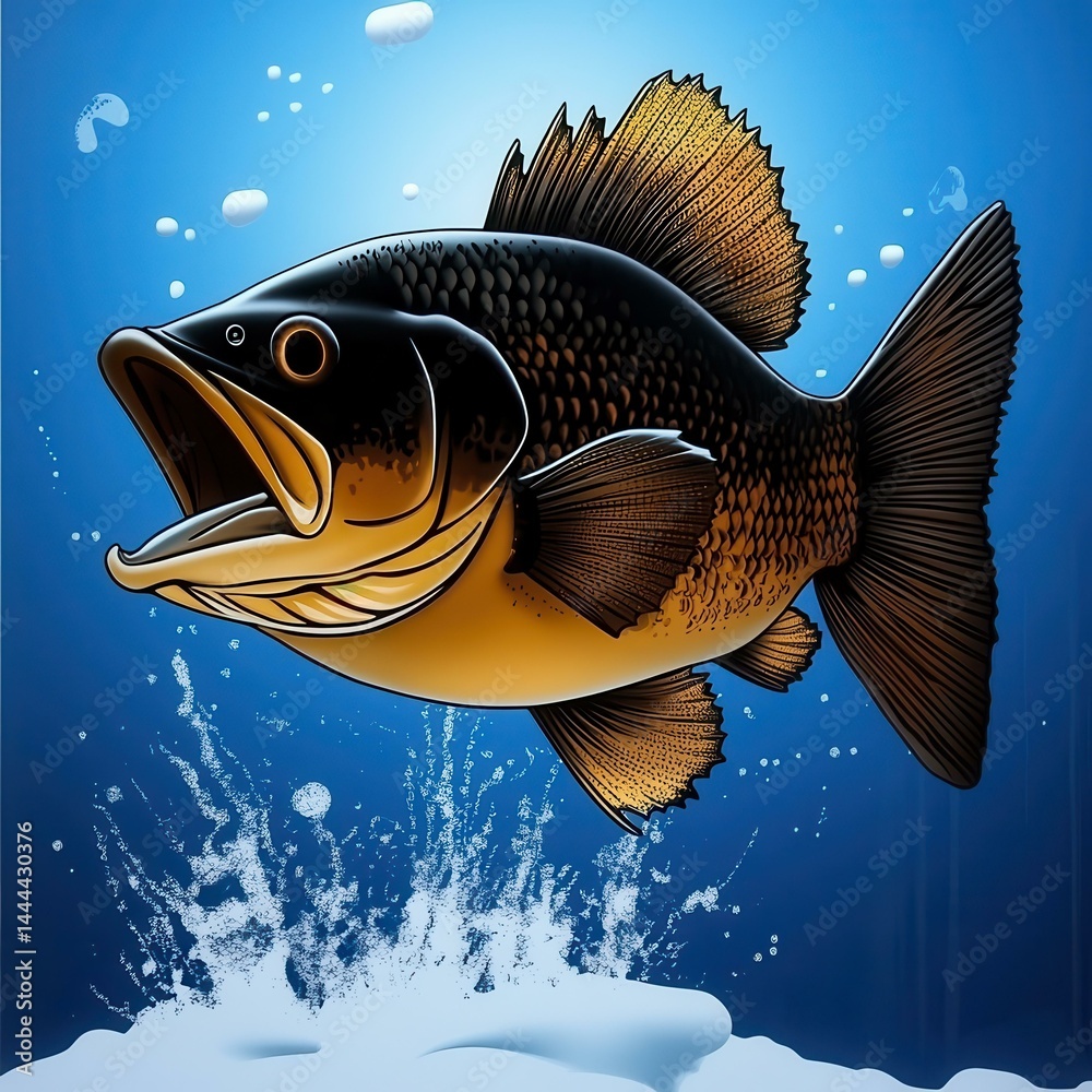 Walleye fish underwater with an open mouth, close to the surface, on a blue gradient background