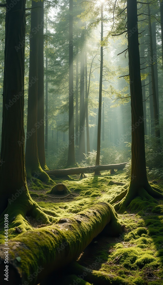 Ethereal Forest Scene: Sunlight Filtering Through Tall Trees and Mossy Ground