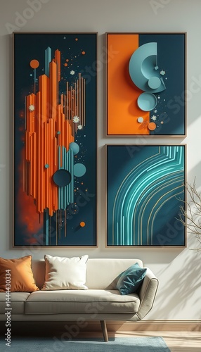 Obraz na płótnie Modern living room interior featuring abstract geometric art and neutral contemporary furniture w salonie