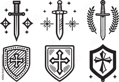 Set of 6 outline icons related to sword, dagger, cross, guard and more elements. Linear icon collection. Editable stroke line art. Vector illustration.